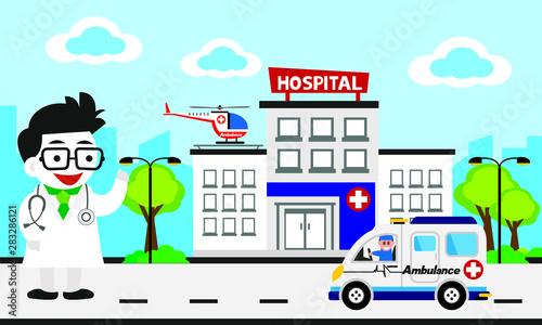 Fototapeta Naklejka Na Ścianę i Meble -  Patient care concept. Vector of doctor team standing on a hospital building, ambulance car background