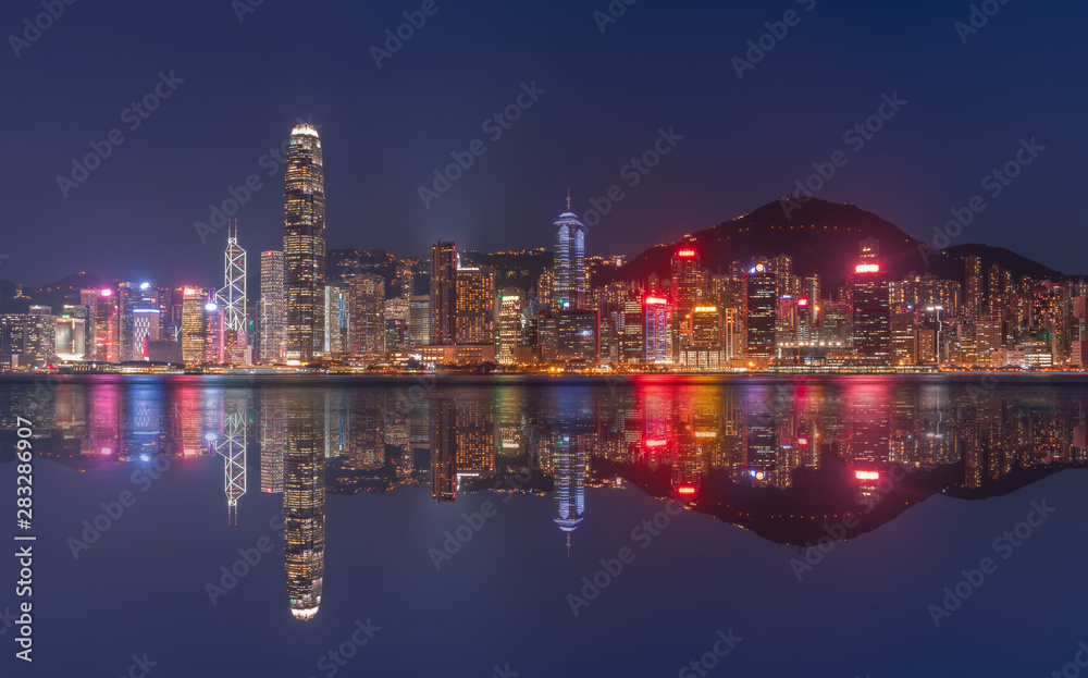 Fototapeta premium Modern office corporate building. Low angle view of skyscrapers in city of Hong kong .Panoramic and perspective view Business concept of success industry tech architecture. 