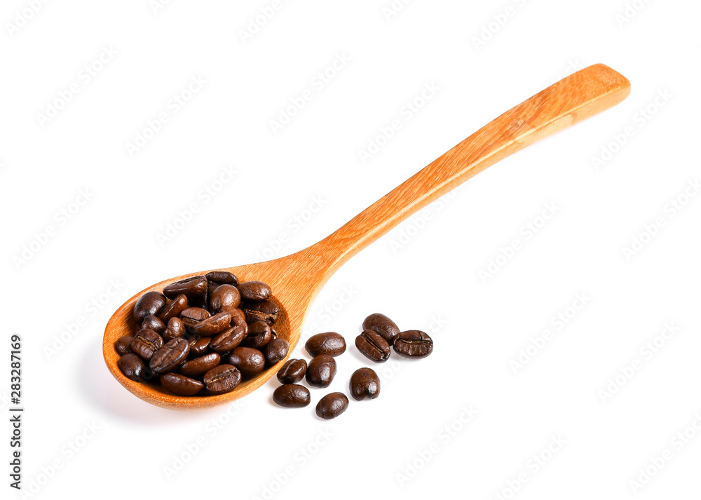 coffee bean isolated in wood spoon on white background coffee bean isolated in wood spoon on white background