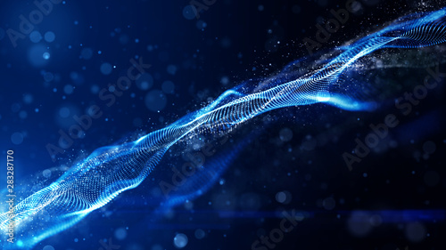 Blue color digital particles wave flow cyberspace abstract motion technology background concept