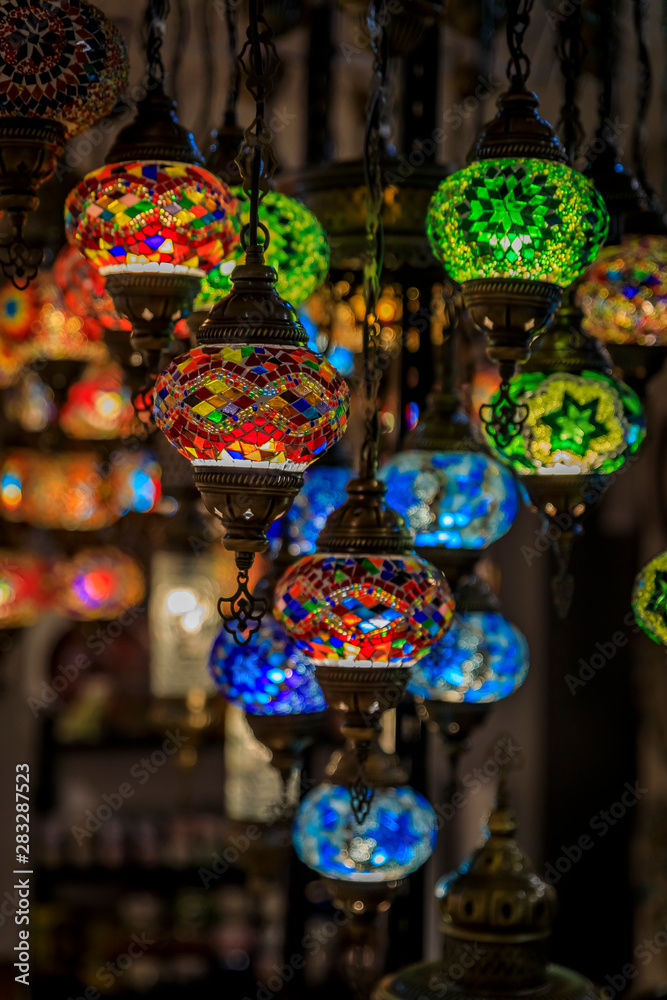 Traditional colorful decorative Turkish oriental lamps for sale in at a souvenir shop in Kotor old town in Montenegro
