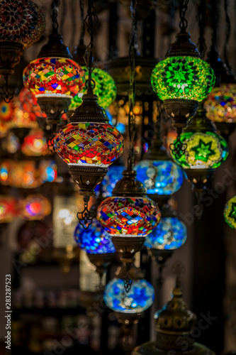Traditional colorful decorative Turkish oriental lamps for sale in at a souvenir shop in Kotor old town in Montenegro © SvetlanaSF