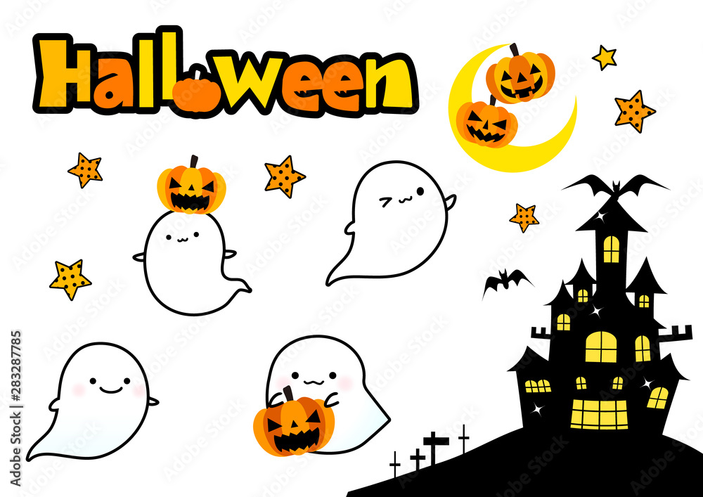 ハッピーハロウィンおばけとお城とジャックオランタンのイラスト アイコン素材 Stock Vector Adobe Stock