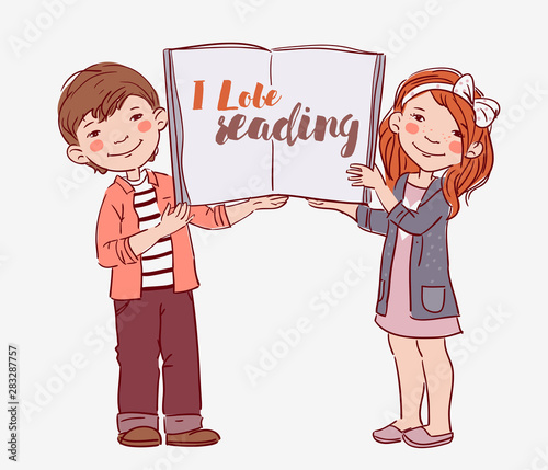 Cute boy and girl with book. Back to school vector concept