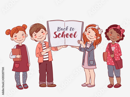 Cute kids with book. Back to school vector concept. Happy boys and girls with white banner