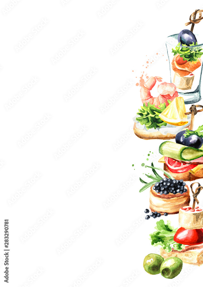 Obraz premium Appetizer for a festive table. Mini canape template. Watercolor hand drawn illustration isolated on white background