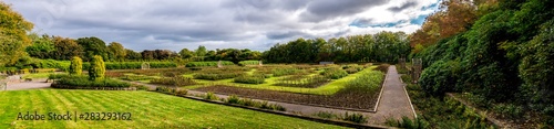panoramic view of a renovated Queen Mother Rose Garden in Hazlehead park, Aberdeen, Scotland
