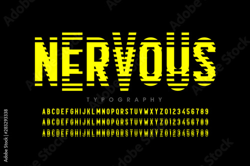 Nervous, irritable style font design, alphabet letters and numbers