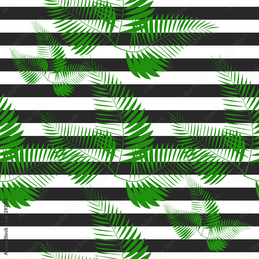 Fototapeta Contemporary geometric fashion print with palm leaves and stripes. Abstract wallpaper pattern