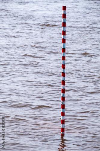 Khabarovsk, Russia - Aug 08, 2019: Flood on the Amur river near the city of Khabarovsk. The level of the Amur river at around 159 centimeters.