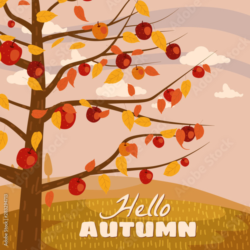 Hello Autumn apple tree landscape fruit harvest season in trend style flat cartoon panorama horizon