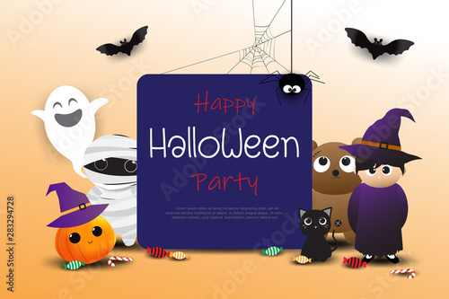 Halloween sale banners or party invitation background. Vector illustration of Halloween cute cartoon caracters for greeting card.