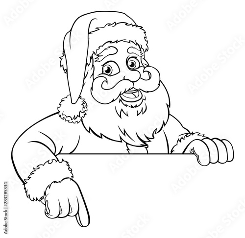 Santa Christmas cartoon character peeking over a sign and pointing at it