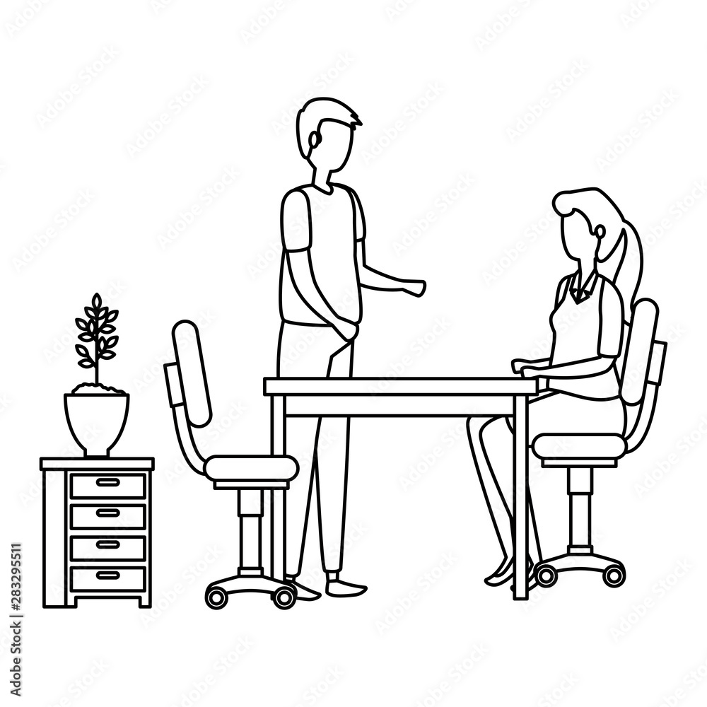 couple in office workplace scene icons