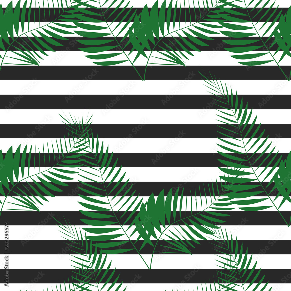 Fototapeta premium Contemporary geometric fashion print with palm leaves and stripes. Abstract wallpaper pattern