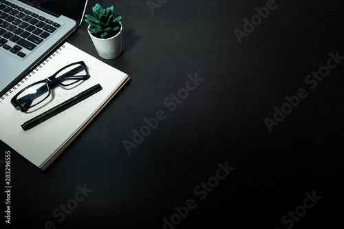 Laptop, glasses and pen on notebook and small tree against empty dark background. working office theme