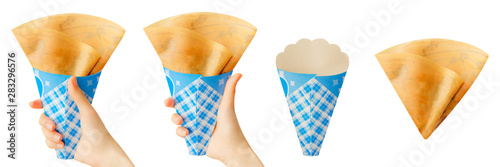 Crepes with Chocolate Sauce Isolated on White Background for Food Snack. Homemade Golden Pancake Dessert Top View. Woman is Hand Holding Brown Crepe Baked with Dry for Dessert Breakfast. Clipping Path