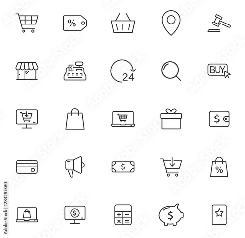 e-commerce outline vector icons large set isolated on white background. business commerce comcept. e commerce flat icons for web, mobile and ui design. © Dmytro