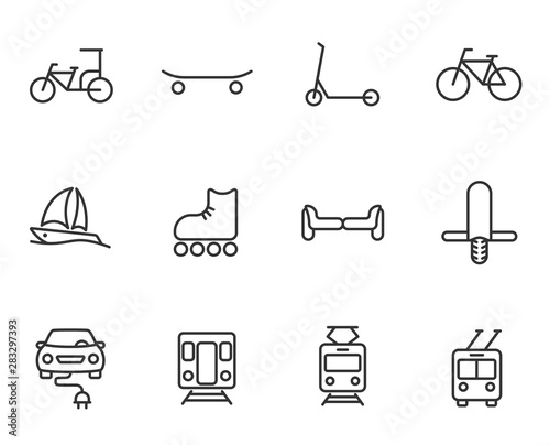 eco transport outline vector icons set isolated on white background. electric ecological transport comcept. eco transport flat icons for web, mobile and ui design.