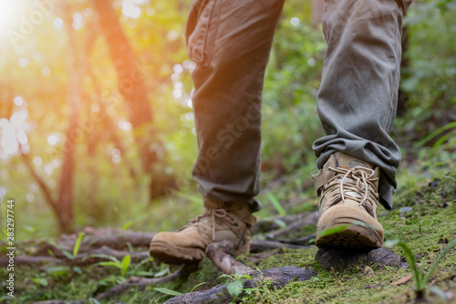 Hikers boots on forest trail. Autumn hiking. Close-up of male walking in trekking shoes on the background of leaves and trees. Travel, Sports, Lifestyle Concept.