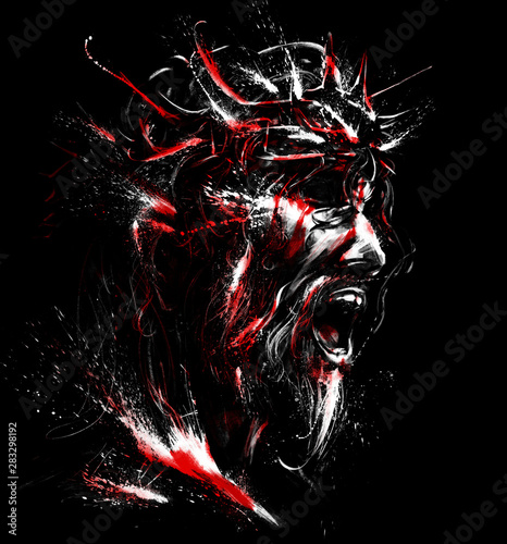 The blood-stained portrait of Jesus with thorns on his head . 2D illustration