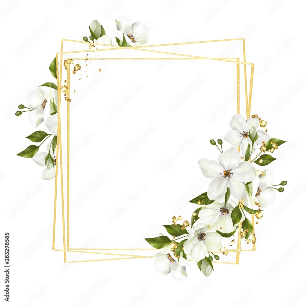 Floral frame with decorative white flowers. Isolated on white