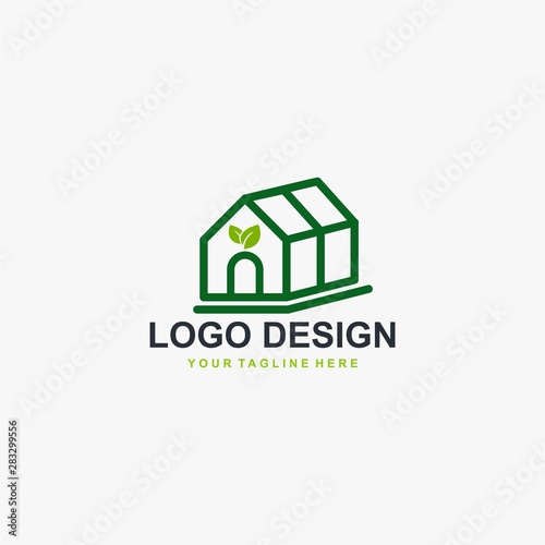 Greenhouse logo design vector. Plant care illustration symbol. Green leaf sign. Green house and leaf vector icons.