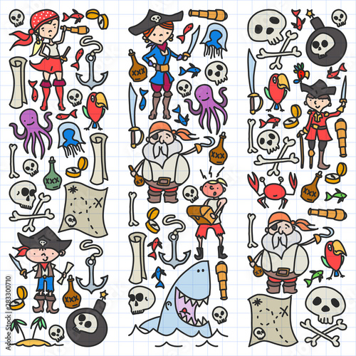 Vector set of pirates children's drawings icons in doodle style. Painted, colorful, pictures on a piece of paper on white background.