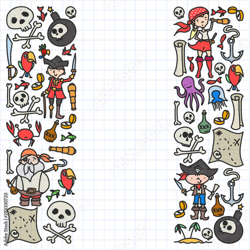 Vector set of pirates children's drawings icons in doodle style. Painted, colorful, pictures on a piece of paper on white background.