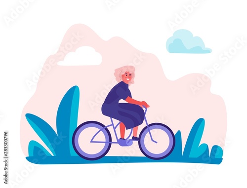 Woman riding bicycles in park. Female holiday trip, trendy enjoyment cartoon characters doing sport activitie. Vector happy girls in summer rides on bike