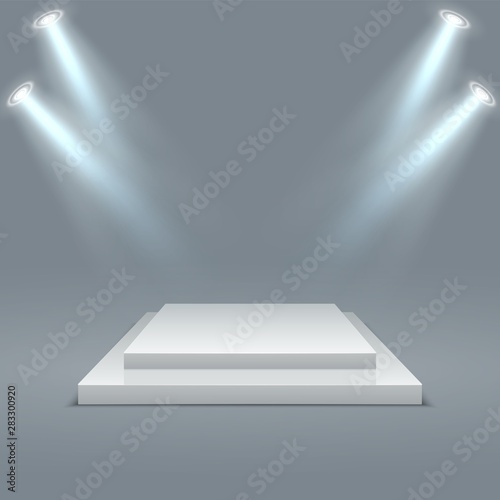 Square illuminated podium. Stage pedestals winner scene with lighting. 3D two-stage platform on gray background. Vector realistic light