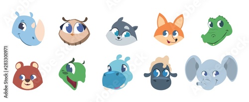 Cute animal faces. Baby pets and wild forest animals smiling heads, animal children characters avatars. Vector illustration little woodland isolated face icon set