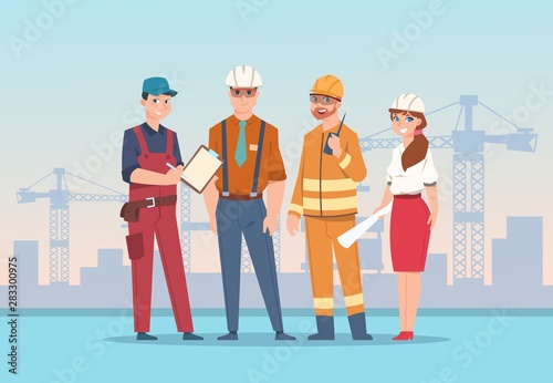 Builders and engineers background. Cartoon factory workers and business characters at construction. Vector illustration team management worker man and woman
