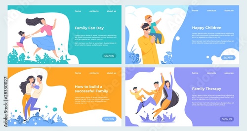 Family website. Flat insurance planning web page template, happy cartoon characters with children on landing page. Vector illustrations banner healthy parents and kids set