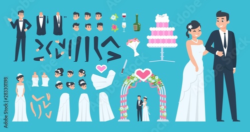 Groom and bride kit. Cartoon wedding characters constructor, bride and groom body elements. Vector wedding celebration happy young couple set