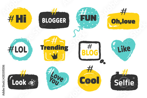 Hashtag social banners. Trendy blog slang logos concept, fun post tag design on speech bubble. Vector illustration fun boxes modern social media set for web message photo