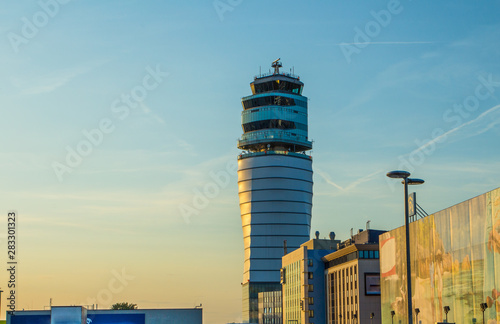 Airport traffic control tower at vienna International Airport on a clear sunny day. Austria.