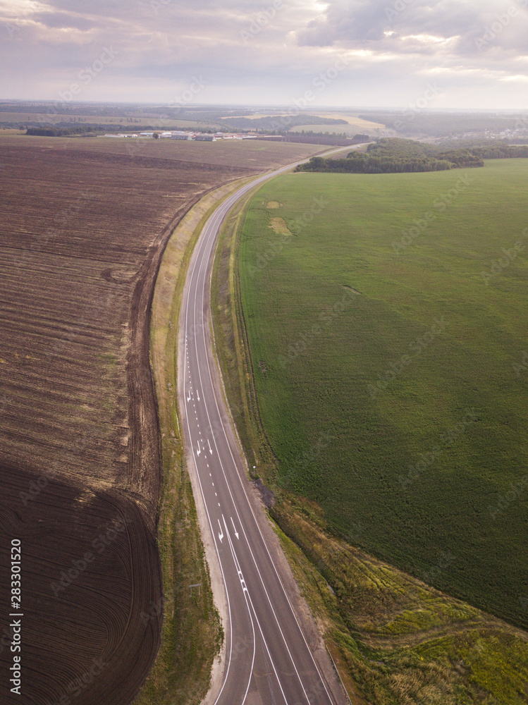 Countryside road and scenery aerial view. Summer Countryside Road and Agriculture land, path, landscape, above, farming, empty, transportation, aerial view