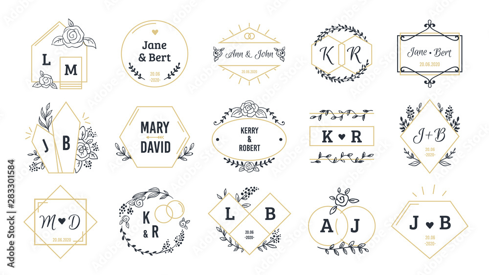 Wedding logos. Bohemian monograms for event invitation and wedding greeting cards with hand drawn elements. Vector set minimalist image name couple people