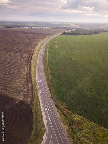 Countryside road and scenery aerial view. Summer Countryside Road and Agriculture land, path, landscape, above, farming, empty, transportation, aerial view