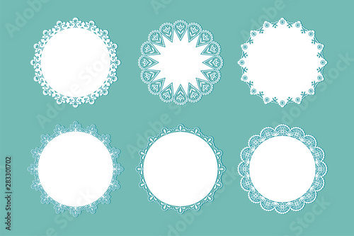 Lace doily. Traditional round table decoration ornamental elements, vintage floral design. Vector isolated round paper interiors mat set