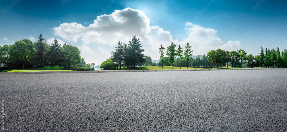 Country asphalt road and green woods nature landscape in summer