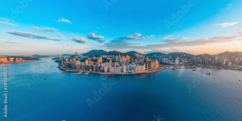 Photography Panorama aerial view of Hong Kong in eastern Victoria Harbor.