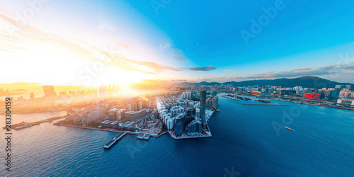 Photography Panorama aerial view of Hong Kong in eastern Victoria Harbor.