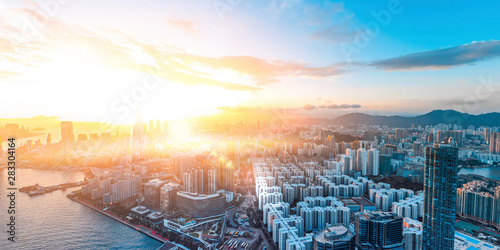 Photography Panorama aerial view of Hong Kong in eastern Victoria Harbor.