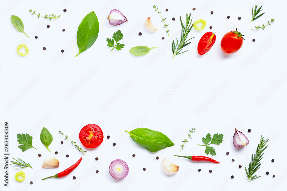 Various fresh vegetables and herbs on white background. Healthy eating concept Various fresh vegetables and herbs on white background. Healthy eating concept