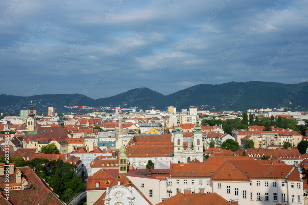 Cityscape of Graz from Shlossberg hill, Graz, Styria region, Austria.
