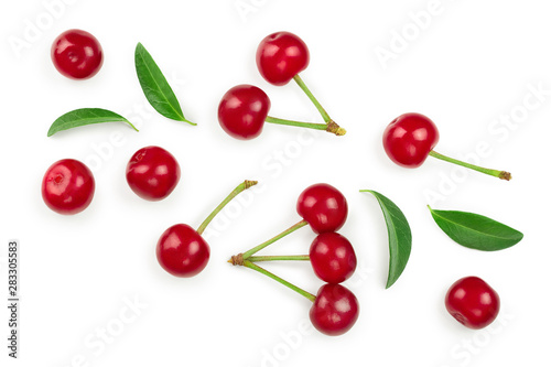 Some cherries with leaf closeup isolated on white background. Top view. Flat lay.