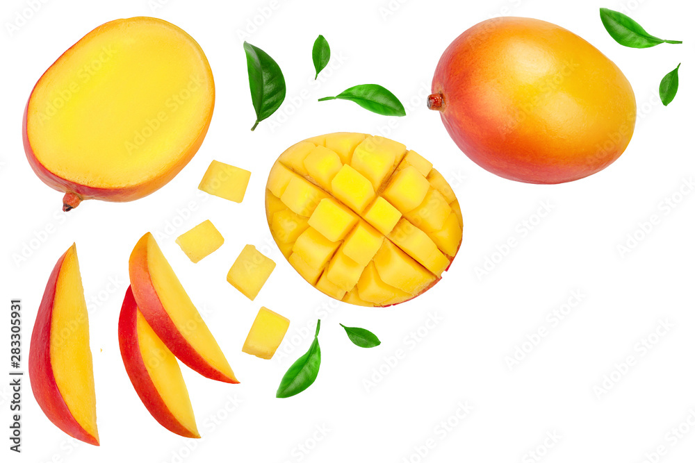 Mango fruit and half with slices isolated on white background with copy space for your text. Top view. Flat lay Mango fruit and half with slices isolated on white background with copy space for your text. Top view. Flat lay