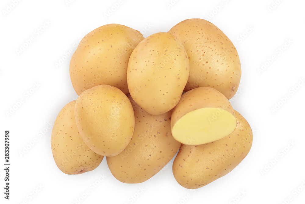 Young potato isolated on white background. Harvest new. Top view. Flat lay, Young potato isolated on white background. Harvest new. Top view. Flat lay,
